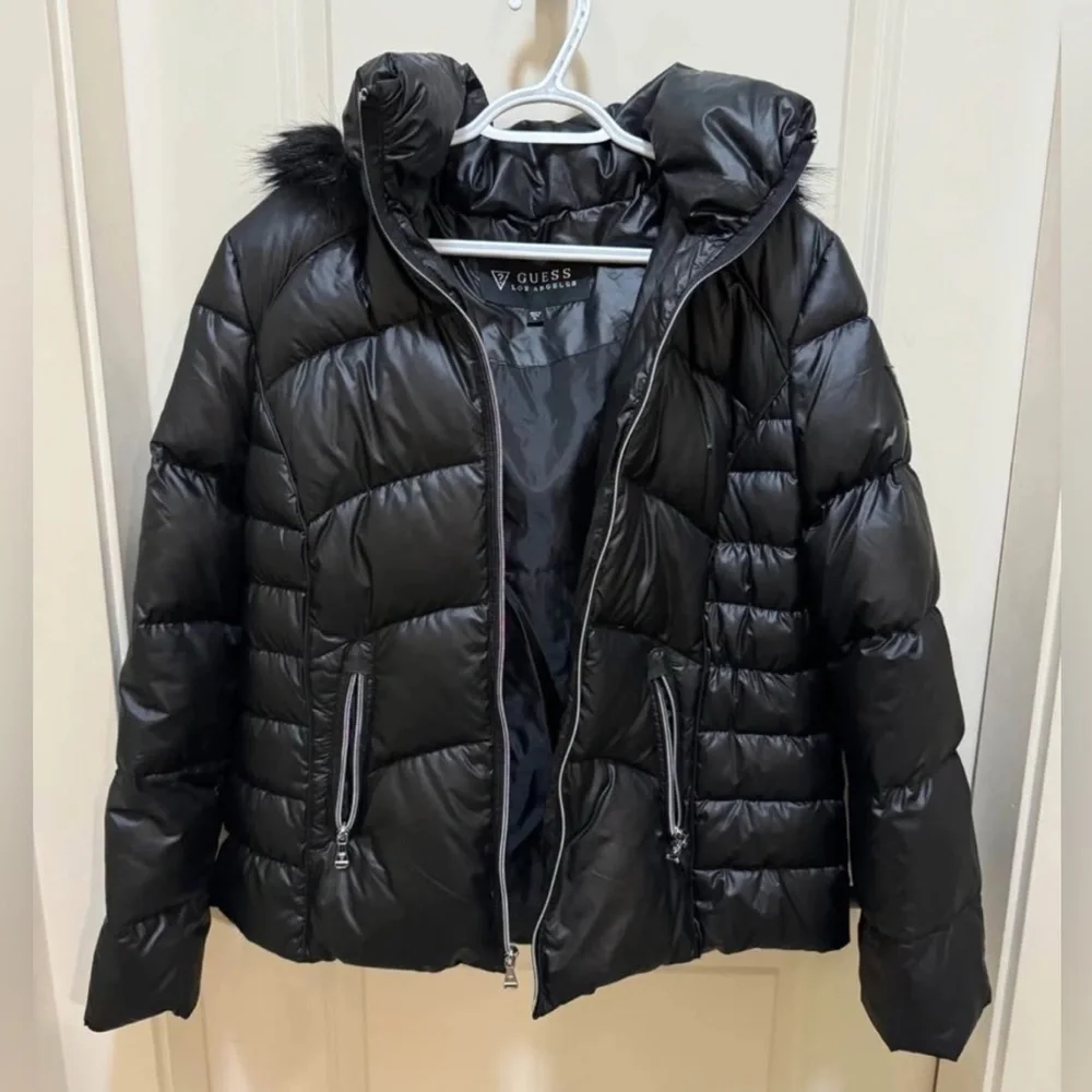 GUESS Black Shiny Puffer With Faux Fur Hoodie Ladies Size XL - Picture 2 of 12